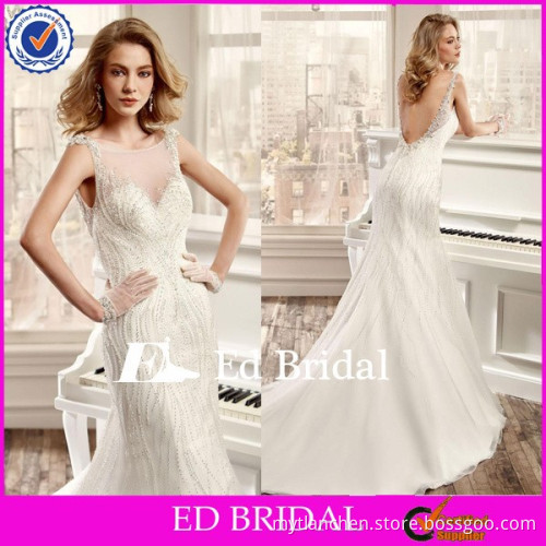 MG139 Alibaba White Bateau Neckline With Heavy Beading Backless Floor Length Rhinestone Wedding Dress